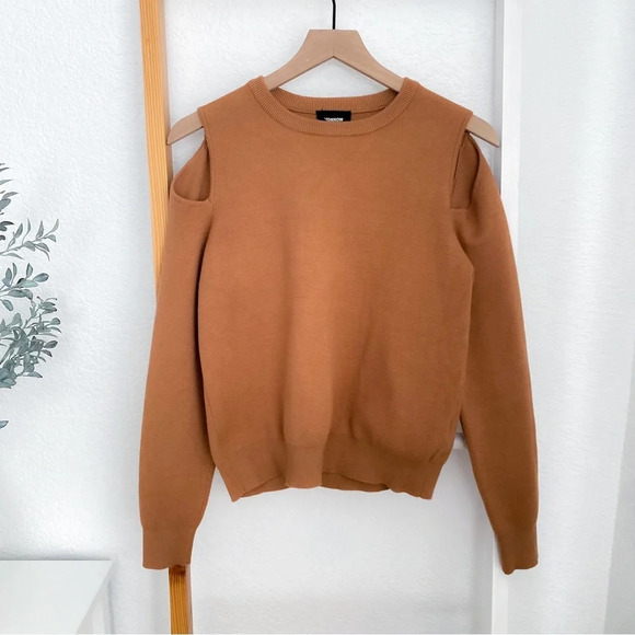 Monrow Supersoft Sweater Knit Cut Out Sweatshirt Open Shoulder Doe Camel Tan S - Picture 3 of 12